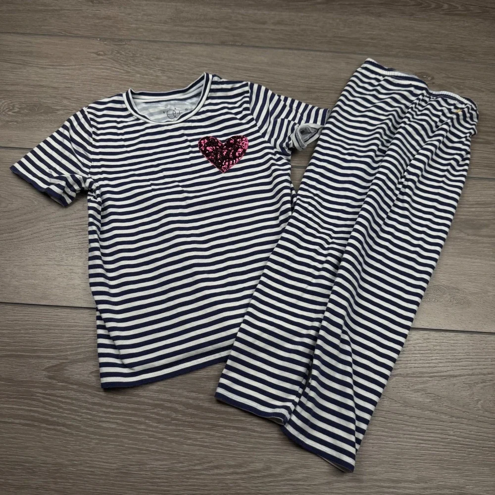 Egg New York Girls Pajama Set Striped Sequin Heart Navy White 5 Years